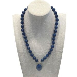 18" Genuine Lapis Lazuli Necklace Sterling Silver Pendant Hand Knotted 10mm Bead